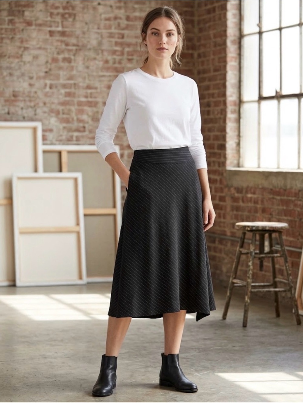 Banana Republic Black Pinstripe A-Line Skirt with Subtle White Dots